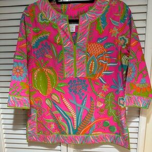 Gretchen Scott Designs Pink and Green Tropical Floral Blouse